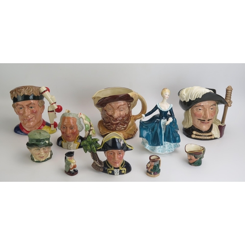 1045 - Three large Doulton character jugs, Falstaff, The Juggler, Aramis, smaller jugs include, Captain Bli... 