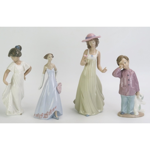 1048 - Lladro and Nao, four assorted porcelain figurines, young girls and both with a teddy bear. (4)