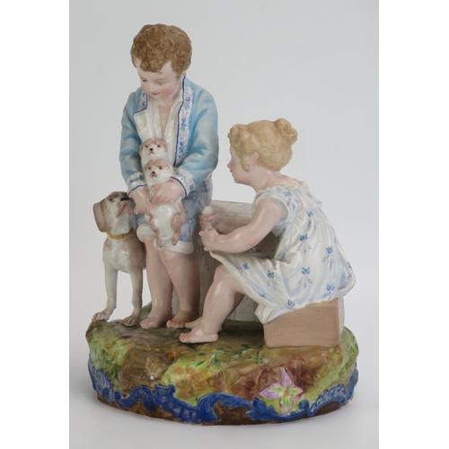 1054 - A Paul Duboy porcelain spill vase, decorated with a standing boy and seated girl playing with puppie... 