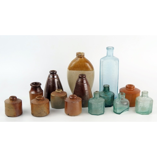 1062 - A collection of assorted pottery ink bottles, and glass bottles. (a lot).