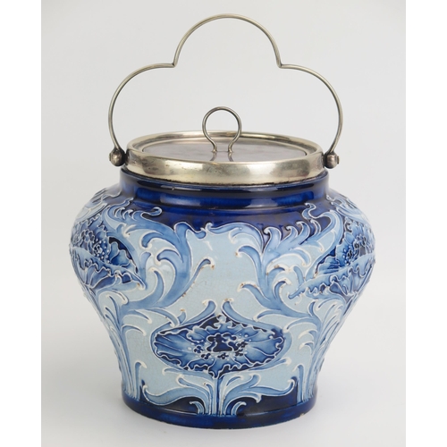 1067 - Moorcroft Macintyre Florian ware biscuit barrel, with silver plated swing-handle and lid, overall he... 