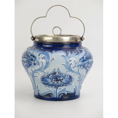 1067 - Moorcroft Macintyre Florian ware biscuit barrel, with silver plated swing-handle and lid, overall he... 