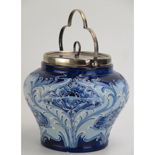 1067 - Moorcroft Macintyre Florian ware biscuit barrel, with silver plated swing-handle and lid, overall he... 