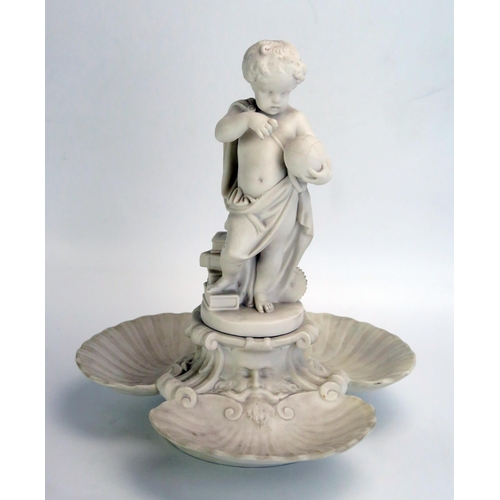 1069 - A Minton Parian table centrepiece, surmounted by a putti holding a globe, and with three shell-forme... 