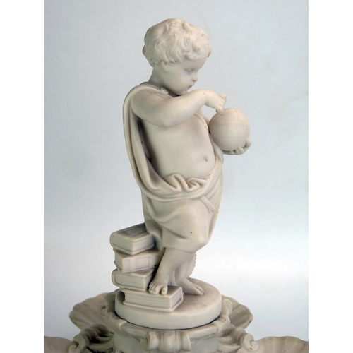 1069 - A Minton Parian table centrepiece, surmounted by a putti holding a globe, and with three shell-forme... 