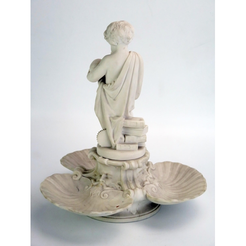 1069 - A Minton Parian table centrepiece, surmounted by a putti holding a globe, and with three shell-forme... 