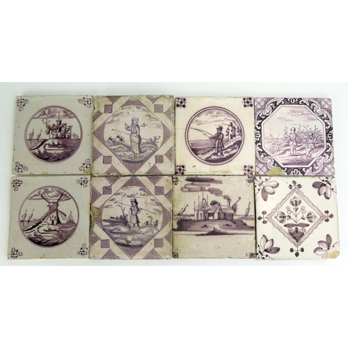 1071 - A collection of eight Dutch manganese tiles, includes figures, windmill and buildings. 13 x 13cm. (8... 