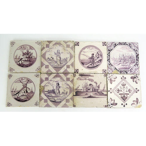 1071 - A collection of eight Dutch manganese tiles, includes figures, windmill and buildings. 13 x 13cm. (8... 