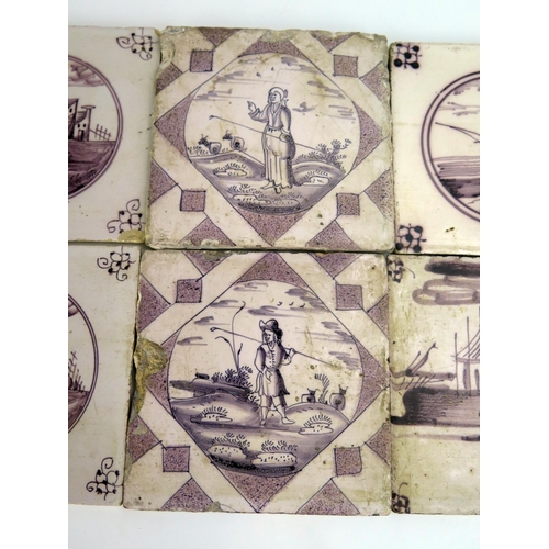 1071 - A collection of eight Dutch manganese tiles, includes figures, windmill and buildings. 13 x 13cm. (8... 