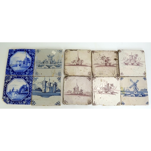 1072 - A collection of ten Delft manganese and blue tiles, subjects include windmill and buildings, 13 x 13... 