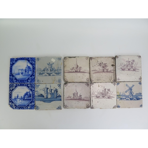 1072 - A collection of ten Delft manganese and blue tiles, subjects include windmill and buildings, 13 x 13... 