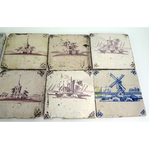 1072 - A collection of ten Delft manganese and blue tiles, subjects include windmill and buildings, 13 x 13... 