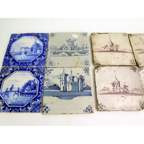 1072 - A collection of ten Delft manganese and blue tiles, subjects include windmill and buildings, 13 x 13... 