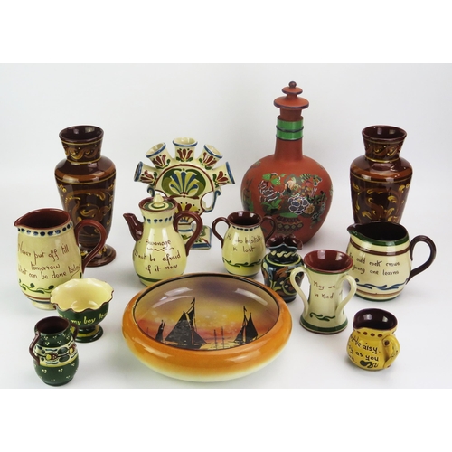 1092 - A collection of Torquay pottery wares, includes Chinoiserie decorated vase and cover (neck reduced) ... 