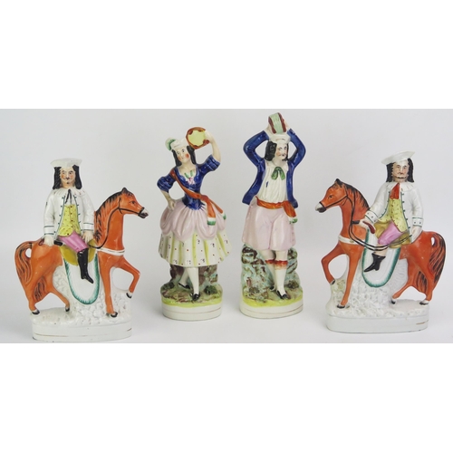 1097 - A pair of Staffordshire figures of musicians, together with a pair of horsemen. (4).