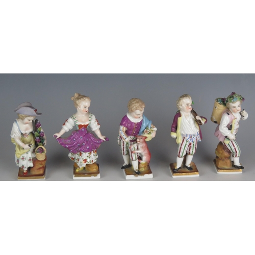 1112 - A set of five German porcelain figures, including grape and flower pickers, each approx 11cm high (5... 