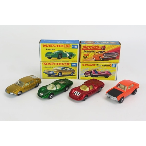 1217 - Matchbox Lesney Superfast Group of 4 including No. 45 Ford Group 6 with unpainted base, No. 54 Ford ... 