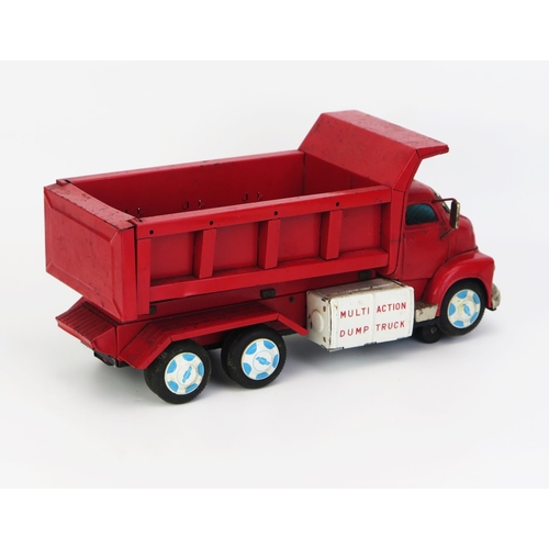 1249 - Yonezawa (Japan) Battery Operated Tinplate Chevrolet Tipping Truck in red - good, appears complete o... 