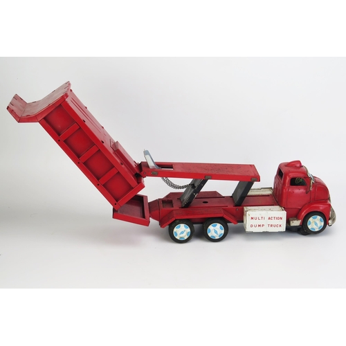 1249 - Yonezawa (Japan) Battery Operated Tinplate Chevrolet Tipping Truck in red - good, appears complete o... 