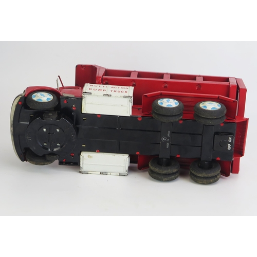 1249 - Yonezawa (Japan) Battery Operated Tinplate Chevrolet Tipping Truck in red - good, appears complete o... 