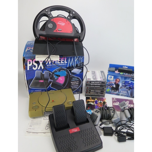 1268 - Playstation 1 with 2 original controllers, games, Gamester PSX Wheel and aftermarket controller (unt... 