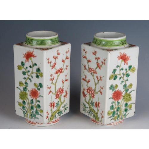 1336 - A pair of Chinese famille verte vases of square outline decorated with flowering plants and blossomi... 