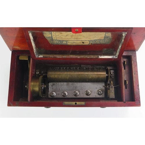 1374 - A 19th century Swiss musical box, playing four airs, the 15cm cylinder with ratchet lever winding, c... 