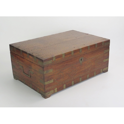 1388 - A middle eastern mahogany and brass inlaid scribes box, with hinged lid, interior removed, 45.5cm wi... 