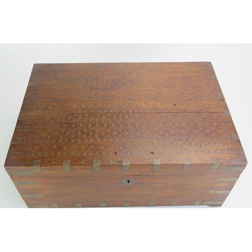 1388 - A middle eastern mahogany and brass inlaid scribes box, with hinged lid, interior removed, 45.5cm wi... 