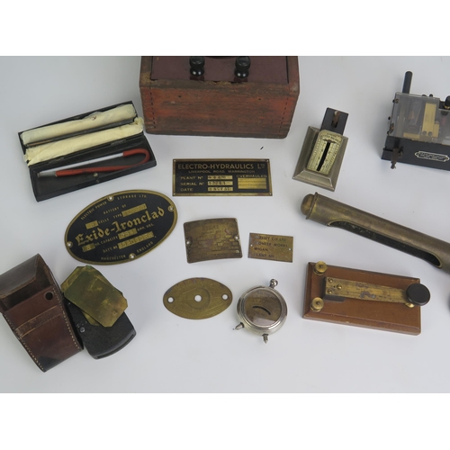 1391 - A Voltmeter contained in a wood box, a morse key, pressure gauge, an Elcometer thickness measuring g... 