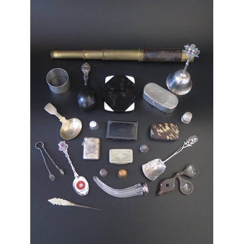 1417 - A 19th century three-draw telescope, brass caddy spoon, magnifying glass and other collectables,