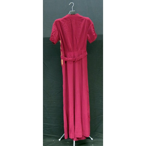 1436 - A 1930's/40's wine red cocktail dress, with padded shoulders, embroidered collar panels, pleated V-n... 