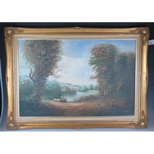 1508 - L Ritter? Wooded vista with village and bridge in the background, oil on canvas, signed bottom right... 