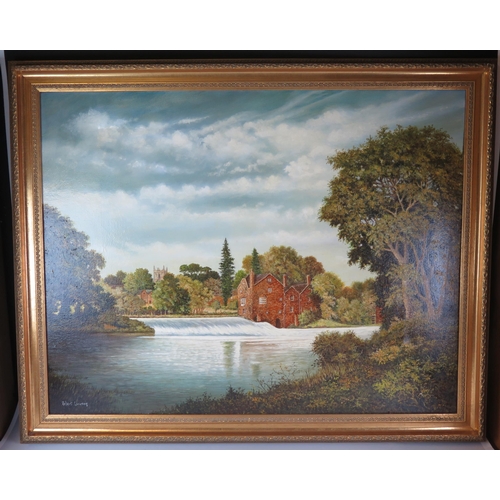 1509 - Robert Lawson,  Riverside scene with village weir, oil on canvas, signed bottom left, framed, 70 x 9... 