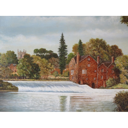 1509 - Robert Lawson,  Riverside scene with village weir, oil on canvas, signed bottom left, framed, 70 x 9... 