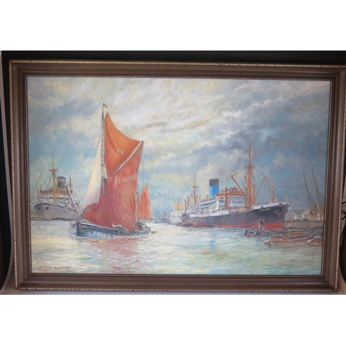 1513 - Andrew Kennedy, Thames Barge, 'Will Everard' in London Docks, oil on canvas, signed bottom left, fra... 