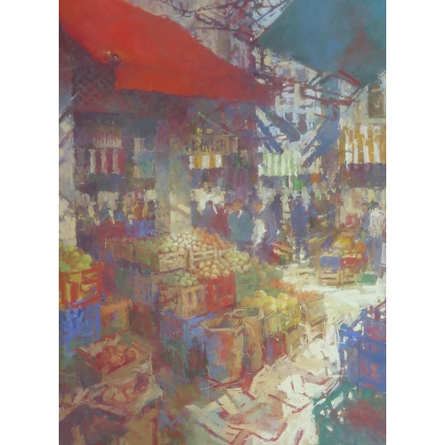 1529 - June Arnold SWA, Contemporary Westcountry Artist, Market Scene, Mixed Media, pencil signed lower lef... 