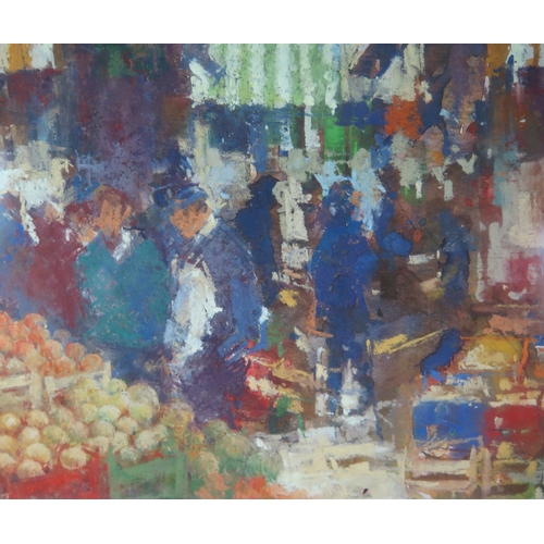 1529 - June Arnold SWA, Contemporary Westcountry Artist, Market Scene, Mixed Media, pencil signed lower lef... 