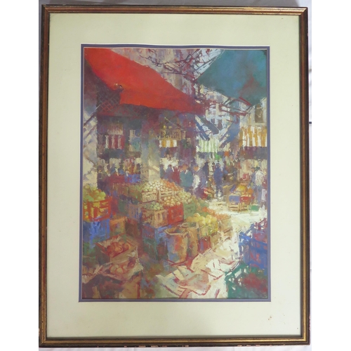 1529 - June Arnold SWA, Contemporary Westcountry Artist, Market Scene, Mixed Media, pencil signed lower lef... 