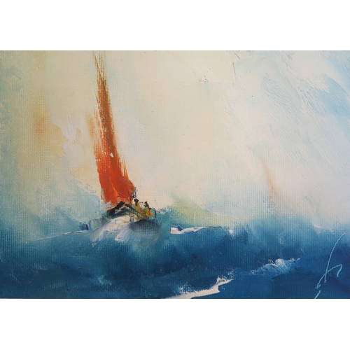 1537 - Robert Freame b. 1948, Dorset Artist, 'The Red Sail' 17 x 12cm and two other boat scenes, 24 x 19 an... 