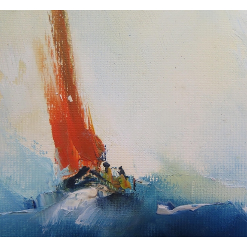 1537 - Robert Freame b. 1948, Dorset Artist, 'The Red Sail' 17 x 12cm and two other boat scenes, 24 x 19 an... 