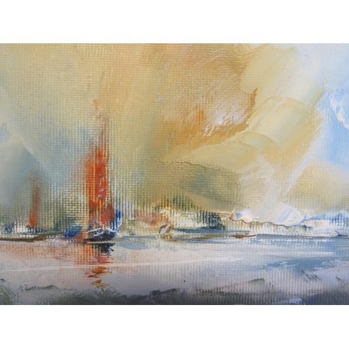 1537 - Robert Freame b. 1948, Dorset Artist, 'The Red Sail' 17 x 12cm and two other boat scenes, 24 x 19 an... 