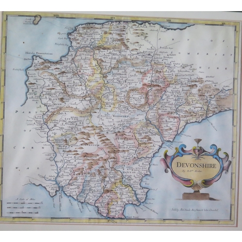 1555 - After John Speede, a hand coloured map of Devonshire with family crests and vignette map of the city... 