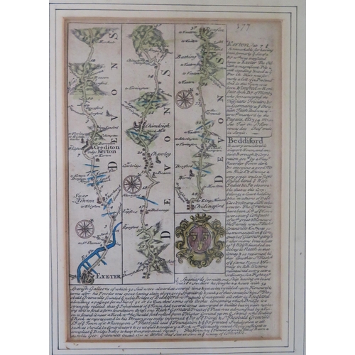 1556 - After john Ogilby  The Road From Dartmouth to Minhead, a hand coloured map, 39 x 52cm and a small ro... 