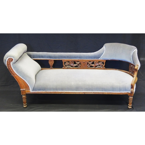 1570 - A Victorian salon settee, with curved padded top rail, with stuff over seat on ring turned legs, 170... 