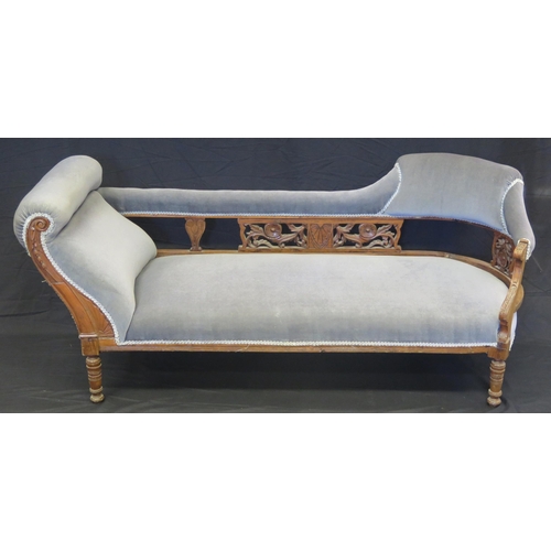 1570 - A Victorian salon settee, with curved padded top rail, with stuff over seat on ring turned legs, 170... 