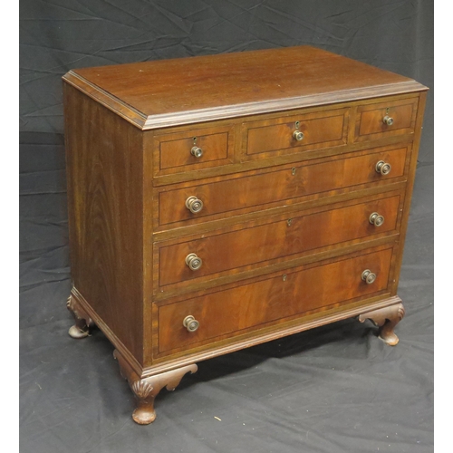 1575 - A reproduction mahogany chest, the rectangular top with a moulded edge above an arrangement of three... 