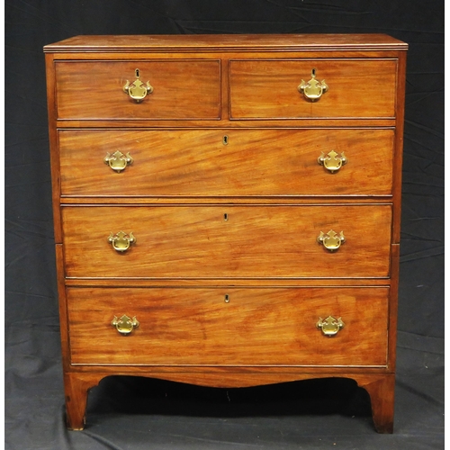 1579 - A late Georgian mahogany rectangular chest containing two short and three long graduated drawers, on... 