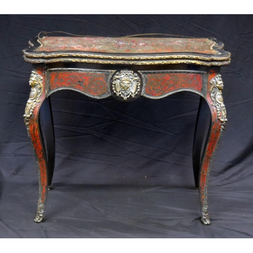 1580 - A 19th century French scarlet tortoiseshell and boulle work card table, the hinged top of serpentine... 