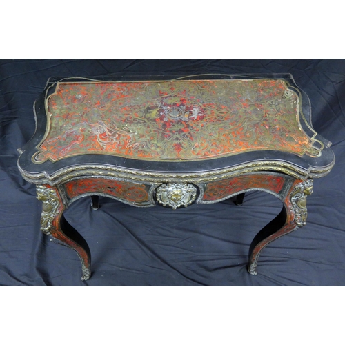 1580 - A 19th century French scarlet tortoiseshell and boulle work card table, the hinged top of serpentine... 